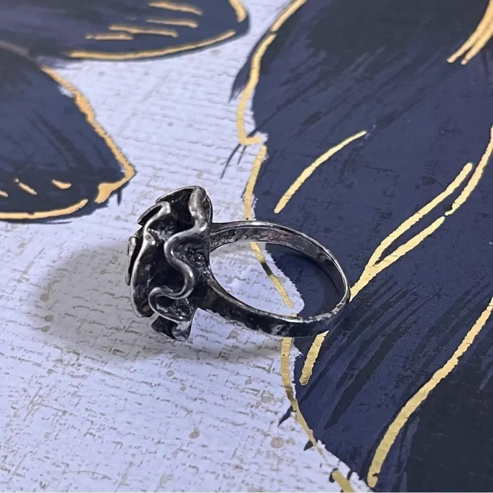 Vintage 925 Sterling Silver Abstract Rose Unique Floral Design Ring